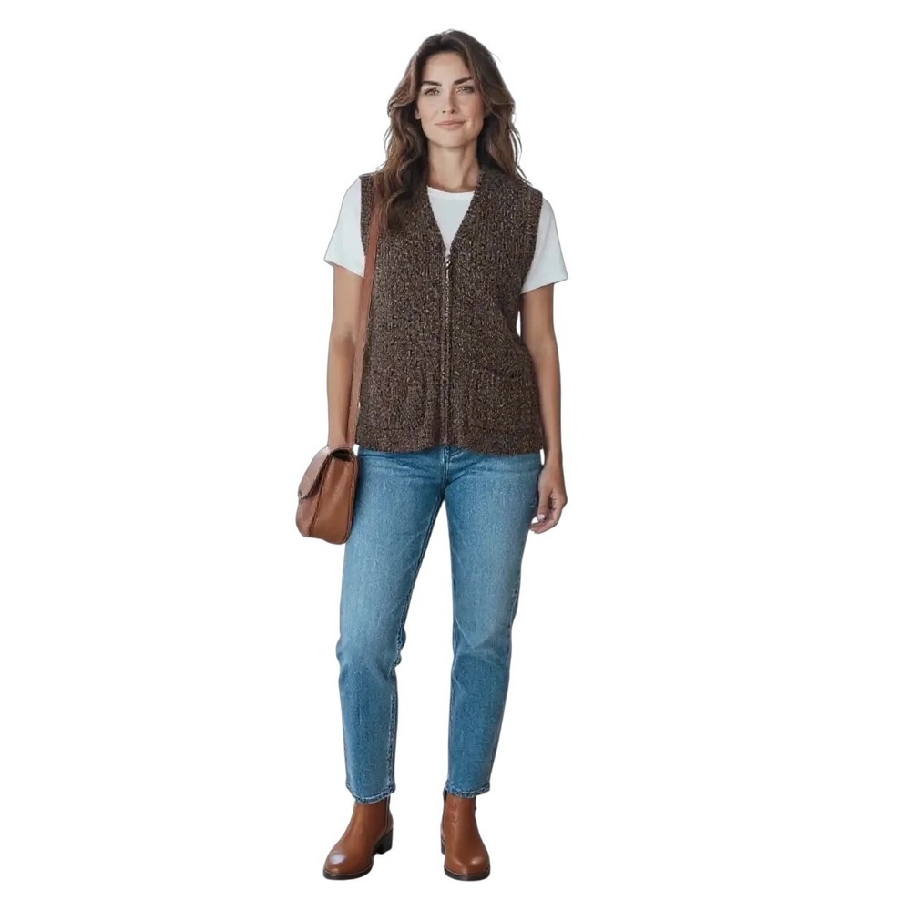 Jennifer Moore Women's Knit Sweater Vest Large Brown Pockets Zip Front Textured